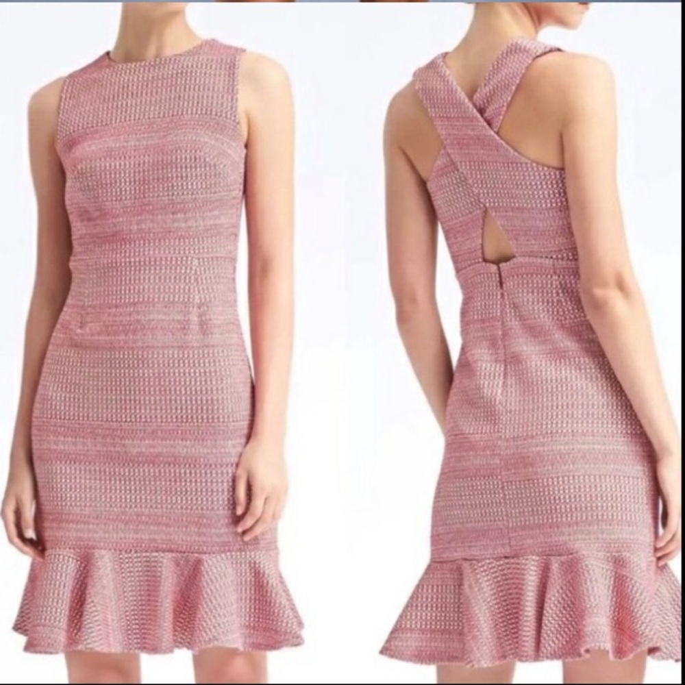 Banana Republic Jacquard Ruffle Hem Cutout Back Red and White Dress size 4